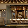 Chinese Style Restaurant Interior With Circular Arch Long Dining Table Water Feature And Wooden Decor