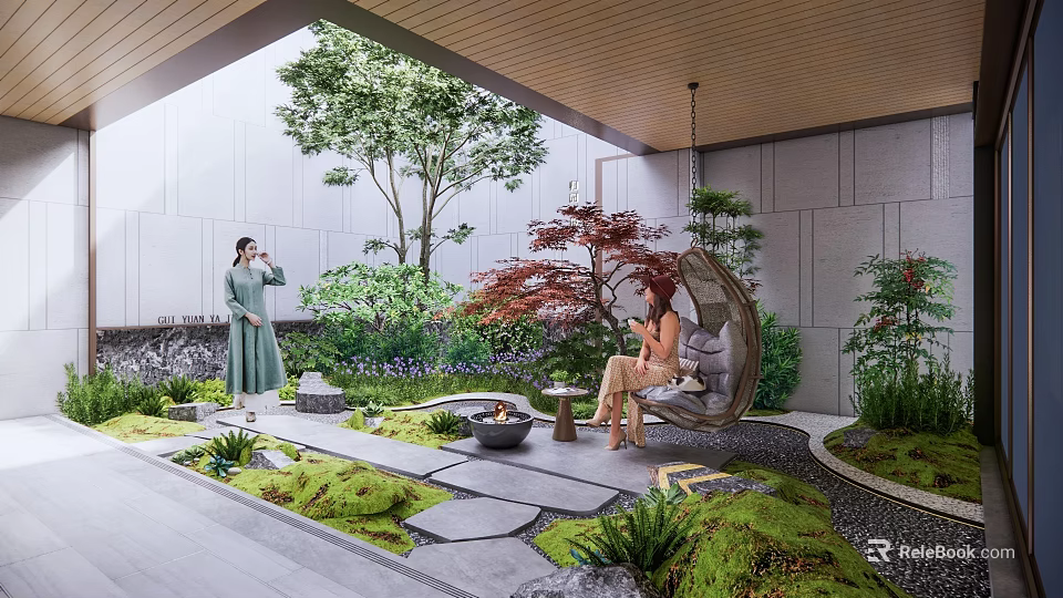 Modern Garden Landscape With Stone Path Fire Pit Hanging Chair Seating Area And Lush Greenery 3d model 