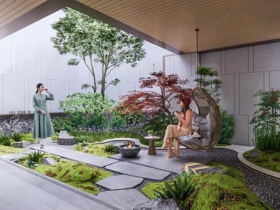 Modern Garden Landscape With Stone Path Fire Pit Hanging Chair Seating Area And Lush Greenery 3d model