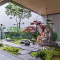 Modern Garden Landscape With Stone Path Fire Pit Hanging Chair Seating Area And Lush Greenery