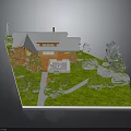 Modern Wooden House with Sloped Roof Chimney and Patio Surrounded by Green Lawn and Trees