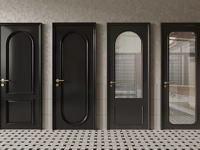 Black Interior Doors With Various Designs Glass Panels And Checkerboard Floor 3d model