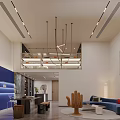 Modern Basement Interior With Blue Sofa Fitness Equipment And Chandelier