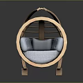 Wooden Round Hanging Chair With Gray Cushions And Modern Curved Frame Design