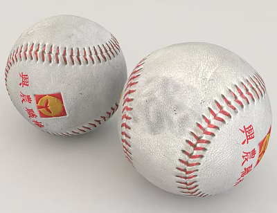 Two Worn Baseballs With Red Stitching And Logos 3d model Two Worn Baseballs With Red Stitching And Logos 3d model