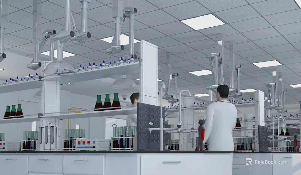 Research Laboratory Interior With Lab Benches Fume Hoods Equipment And Researchers In White Coats 3d model 
