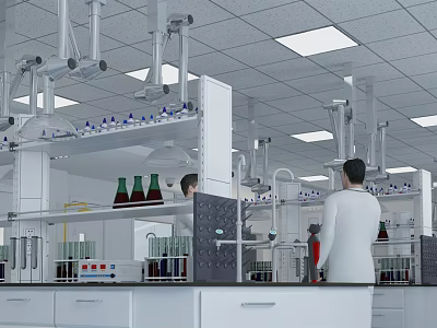 Research Laboratory Interior With Lab Benches Fume Hoods Equipment And Researchers In White Coats 3d model