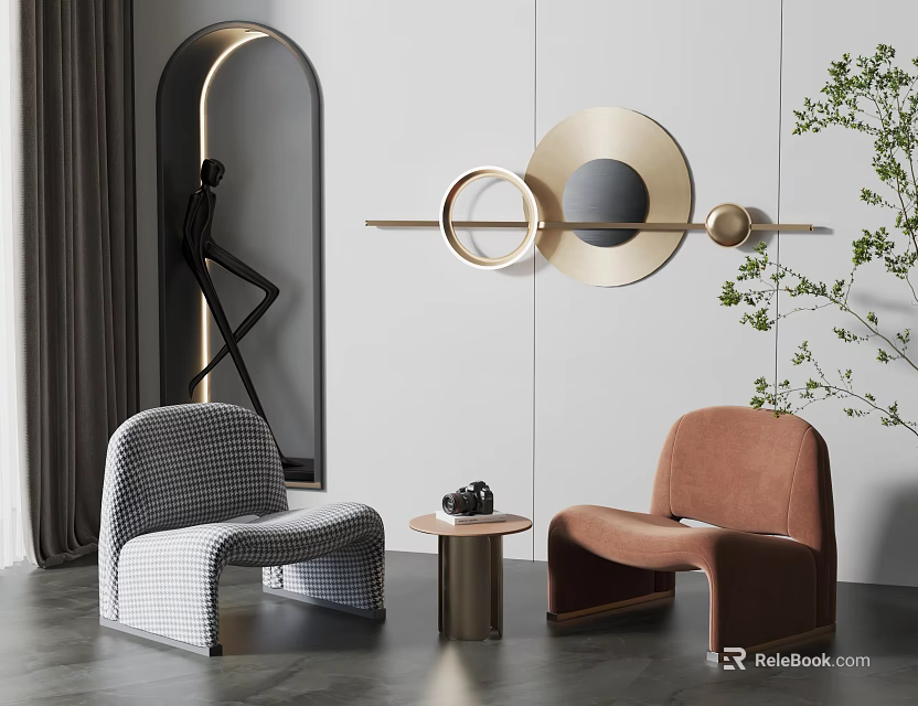 Leisure Sofa Set with Gray Checkered and Brown Chairs Small Round Table Modern Decor and Green Plant 3d model 