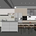 Modern Kitchen Interior Featuring Gray Cabinets Island Counter Appliances And Dining Chairs