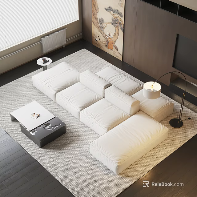 White L Shaped Sofa and Black Coffee Table Set with Area Rug Floor Lamp TV 3d model 