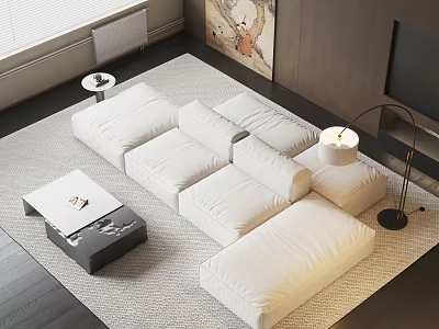 White L Shaped Sofa and Black Coffee Table Set with Area Rug Floor Lamp TV 3d model