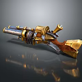 Vintage Mechanical Weapon With Golden Accents Wooden Grip And Metallic Barrel