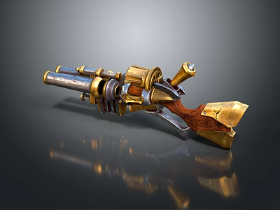 Vintage Mechanical Weapon With Golden Accents Wooden Grip And Metallic Barrel 3d model