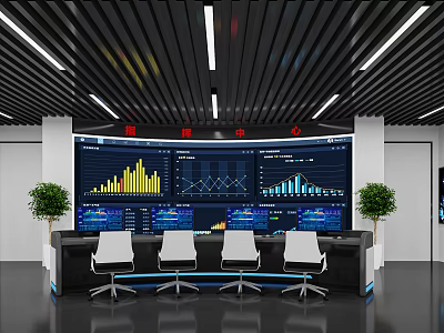 Modern Control Room Interior Design With Large Data Screens Charts White Seats And Green Plants 3d model