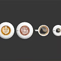 Coffee Drinks In Various Size Cups With Latte Art On Black Table Surface 3d model