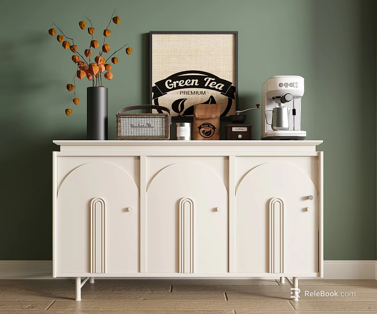 Stylish White Sideboard With Vase Coffee Machine Green Tea Decor And Orange Blossoms 3d model 
