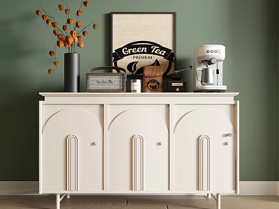 Stylish White Sideboard With Vase Coffee Machine Green Tea Decor And Orange Blossoms 3d model