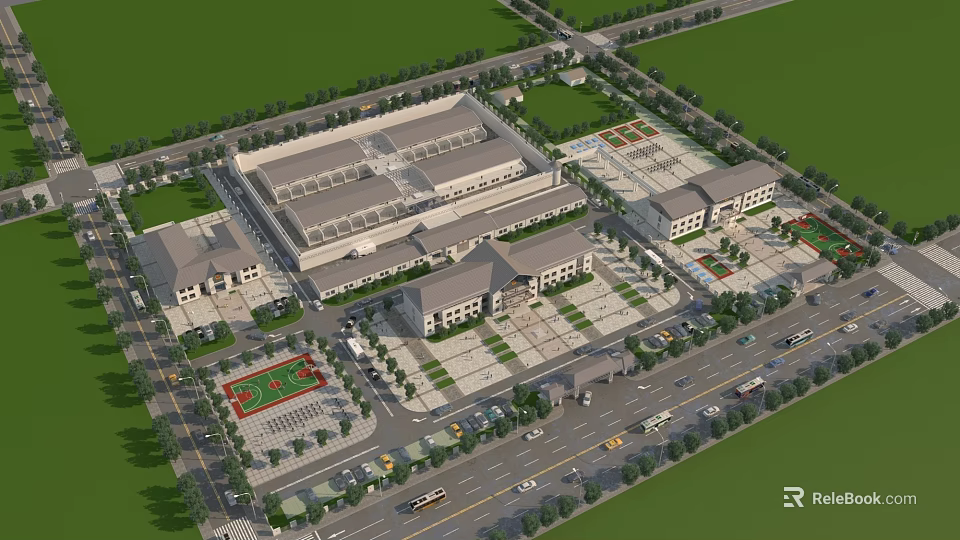 Aerial Planning of Large Building Complex with Plaza Parking Lot Roads and Greenery 3d model 