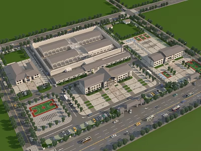 Aerial Planning of Large Building Complex with Plaza Parking Lot Roads and Greenery 3d model