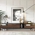 Modern Walnut TV Stand With Decorative Painting Floor Lamp And Potted Plant