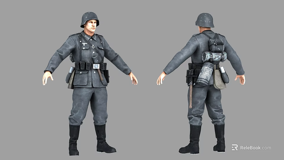 Man in Military Uniform with Helmet and Backpack Front and Back Views 3d model 