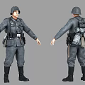 Man in Military Uniform with Helmet and Backpack Front and Back Views