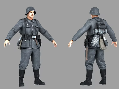 Man in Military Uniform with Helmet and Backpack Front and Back Views 3d model
