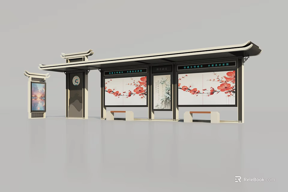 Traditional Style Roadside Bus Shelter With Plum Blossom Billboards Clock And Benches 3d model 