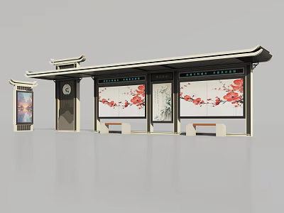 Traditional Style Roadside Bus Shelter With Plum Blossom Billboards Clock And Benches 3d model