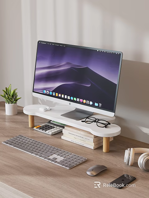 Computer Monitor Setup With White Stand Wooden Legs Keyboard Books Potted Plant Headphones And Eyeglasses 3d model 