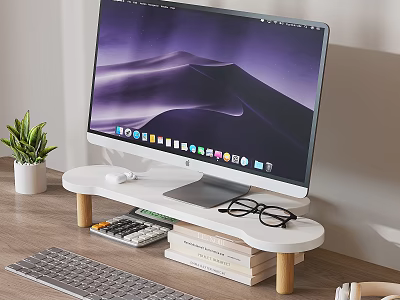 Computer Monitor Setup With White Stand Wooden Legs Keyboard Books Potted Plant Headphones And Eyeglasses 3d model