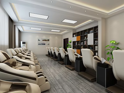 Modern SPA Sauna Room with Neatly Arranged Massage Chairs Bookshelves and Green Plants 3d model