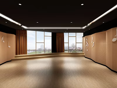 Dance Studio Interior With Large Windows Brown Curtains Wooden Floor And Musical Notes Decorations 3d model