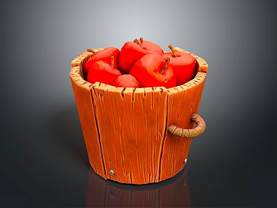 Practical Home Living Supplies Wooden Bucket With Fresh Red Apples 3d model