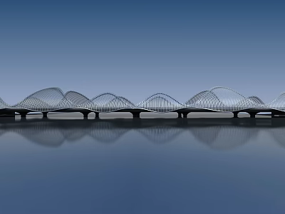 Modern Wave Shaped Bridge Spanning Water With Calm Reflection And Architectural Design 3d model