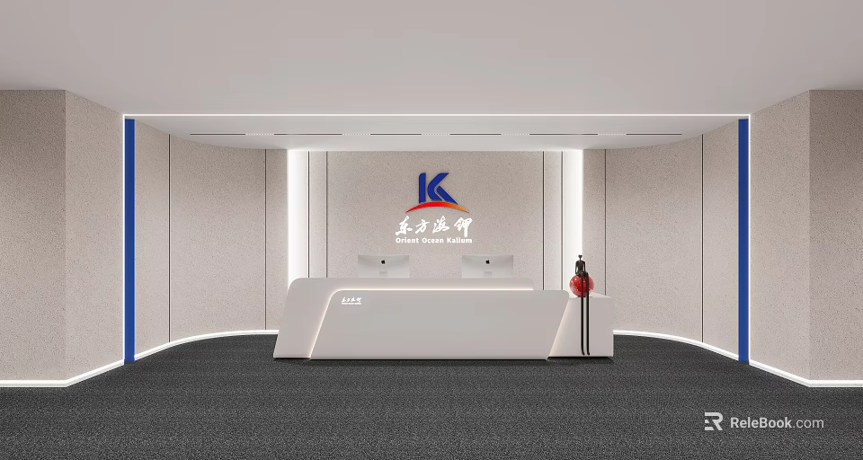 Modern Office Reception Desk Interior With White Counter Logo Backdrop And Lighting Design 3d model