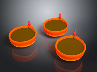 Sculpture Carving Artistic Oil Lamps With Orange Bodies Red Wicks On Black Reflective Surface 3d model