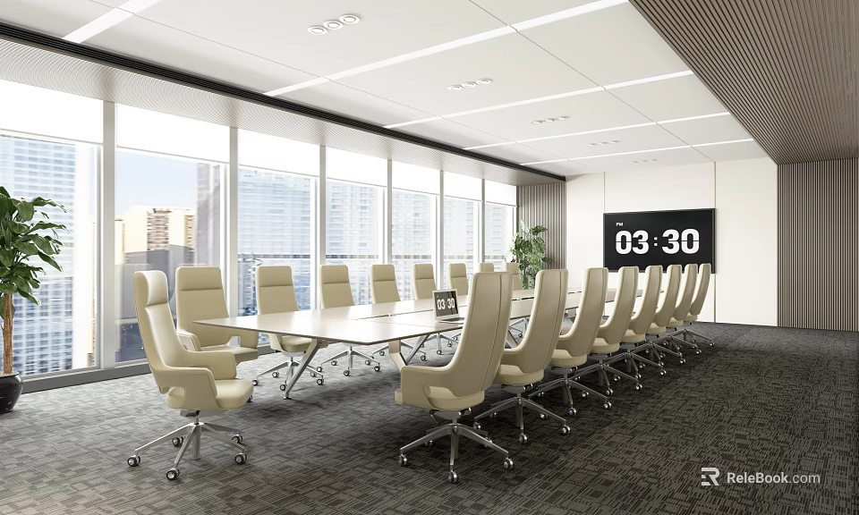 Modern Conference Room With Long Table Beige Chairs Large Windows City View And Digital Clock 3d model 