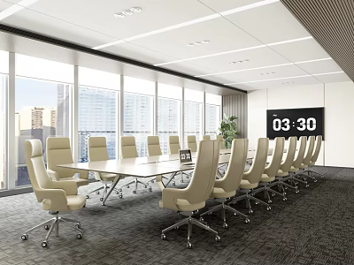 Modern Conference Room With Long Table Beige Chairs Large Windows City View And Digital Clock 3d model