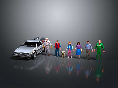 Game Movie Characters with Various Outfits Standing Together by DeLorean Car in Group Pose 3d model