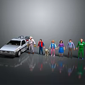 Game Movie Characters with Various Outfits Standing Together by DeLorean Car in Group Pose