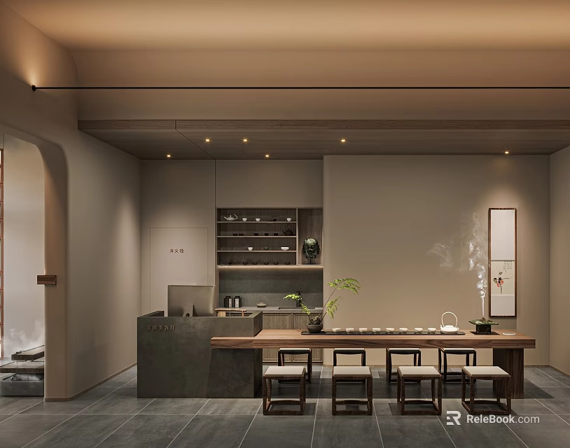 Modern Chinese Tea House Interior With Wooden Tables Chairs Tea Sets And Decorative Paintings 3d model 