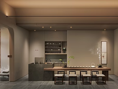Modern Chinese Tea House Interior With Wooden Tables Chairs Tea Sets And Decorative Paintings 3d model