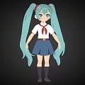 Anime Game Character With Light Blue Twin Ponytails Green Eyes And School Uniform