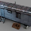 Old Rusty Trailer Exterior With Wooden Logs Ladder And Blue Barrel
