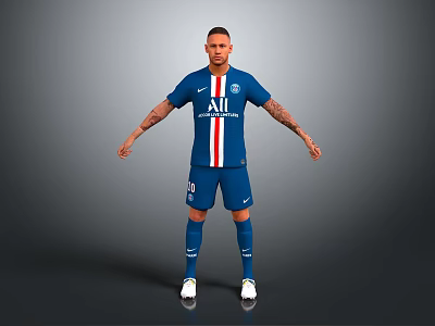 Football Player Character In PSG Blue Jersey With Tattoos And Sports Equipment 3d model