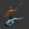 Mythical Muscular Ocean Figure With Golden Hair And Trident Riding Blue Wave Creature
