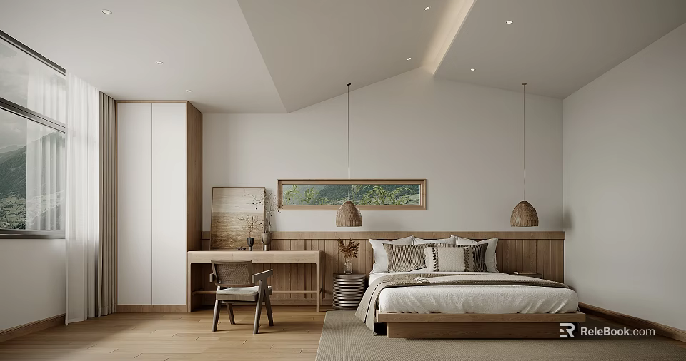 Modern Bedroom Interior Design With Wooden Furniture Hanging Lights And Framed Wall Art 3d model 
