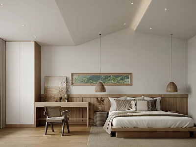 Modern Bedroom Interior Design With Wooden Furniture Hanging Lights And Framed Wall Art 3d model
