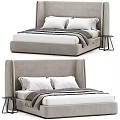 Modern Gray Upholstered Double Bed With White Bedding And Side Table 3d model